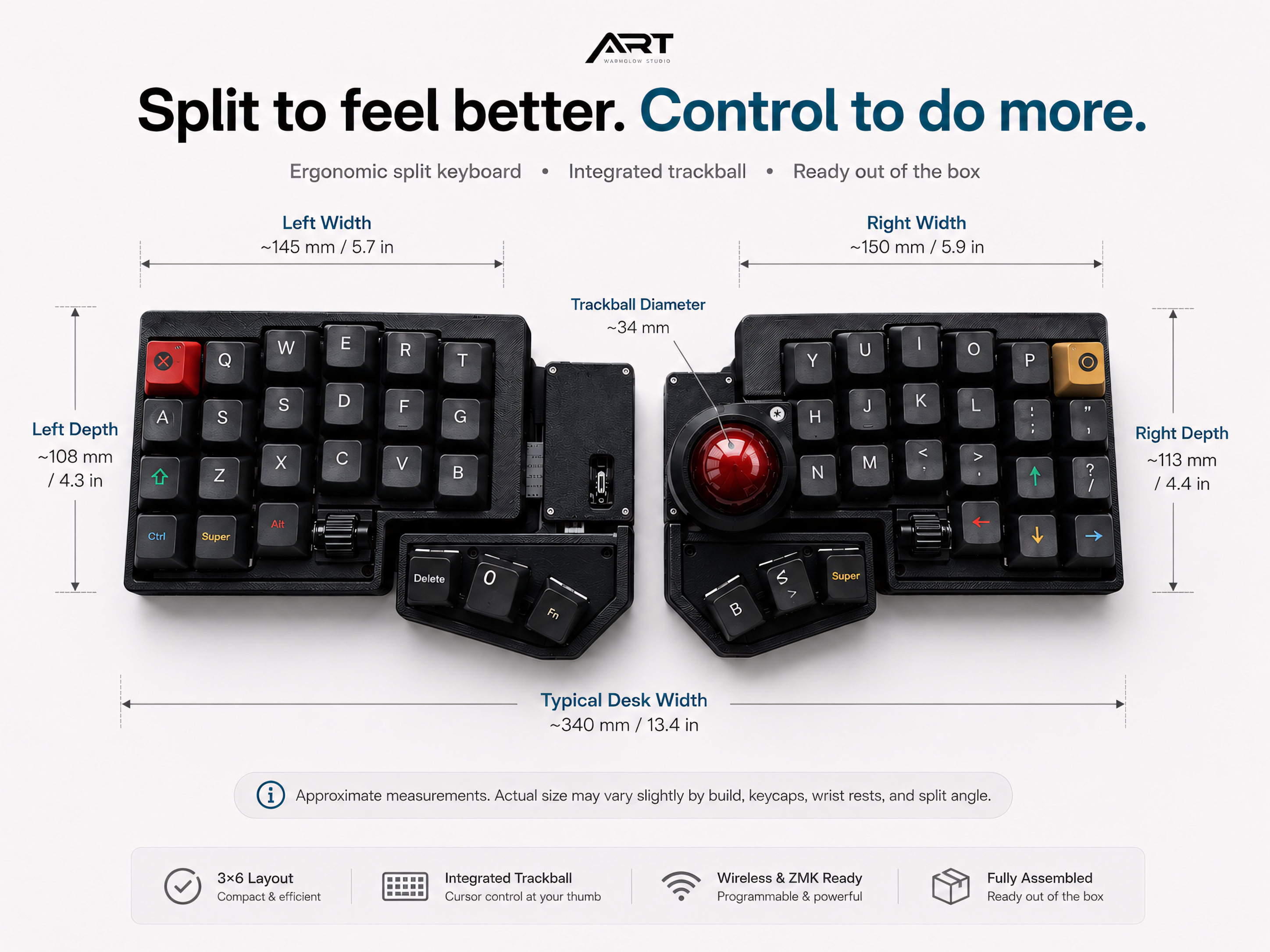 Wireless Split Trackball Keyboard — ZMK 3x6 Compact, Hot-Swap