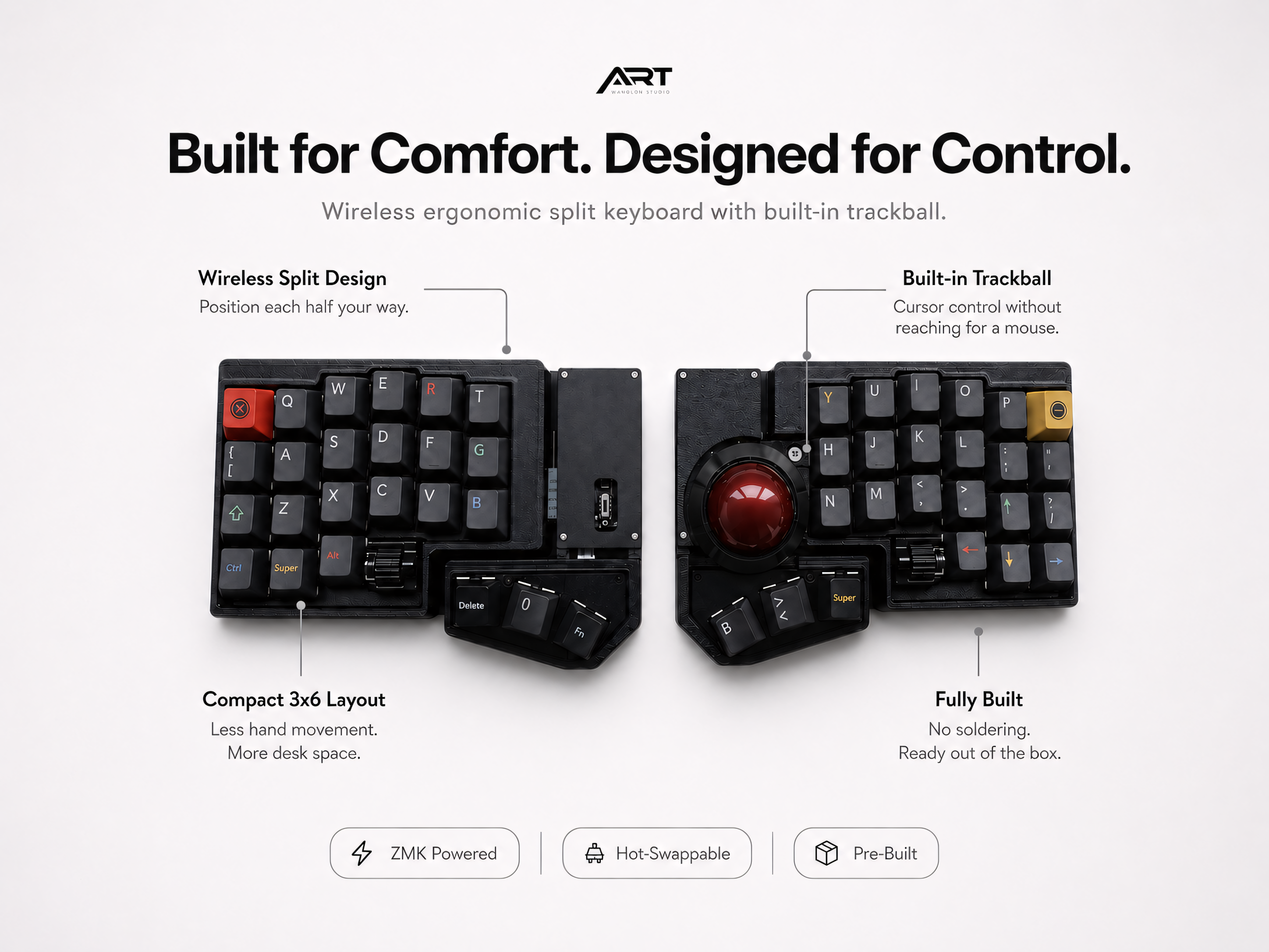 Wireless Split Trackball Keyboard — ZMK 3x6 Compact, Hot-Swap