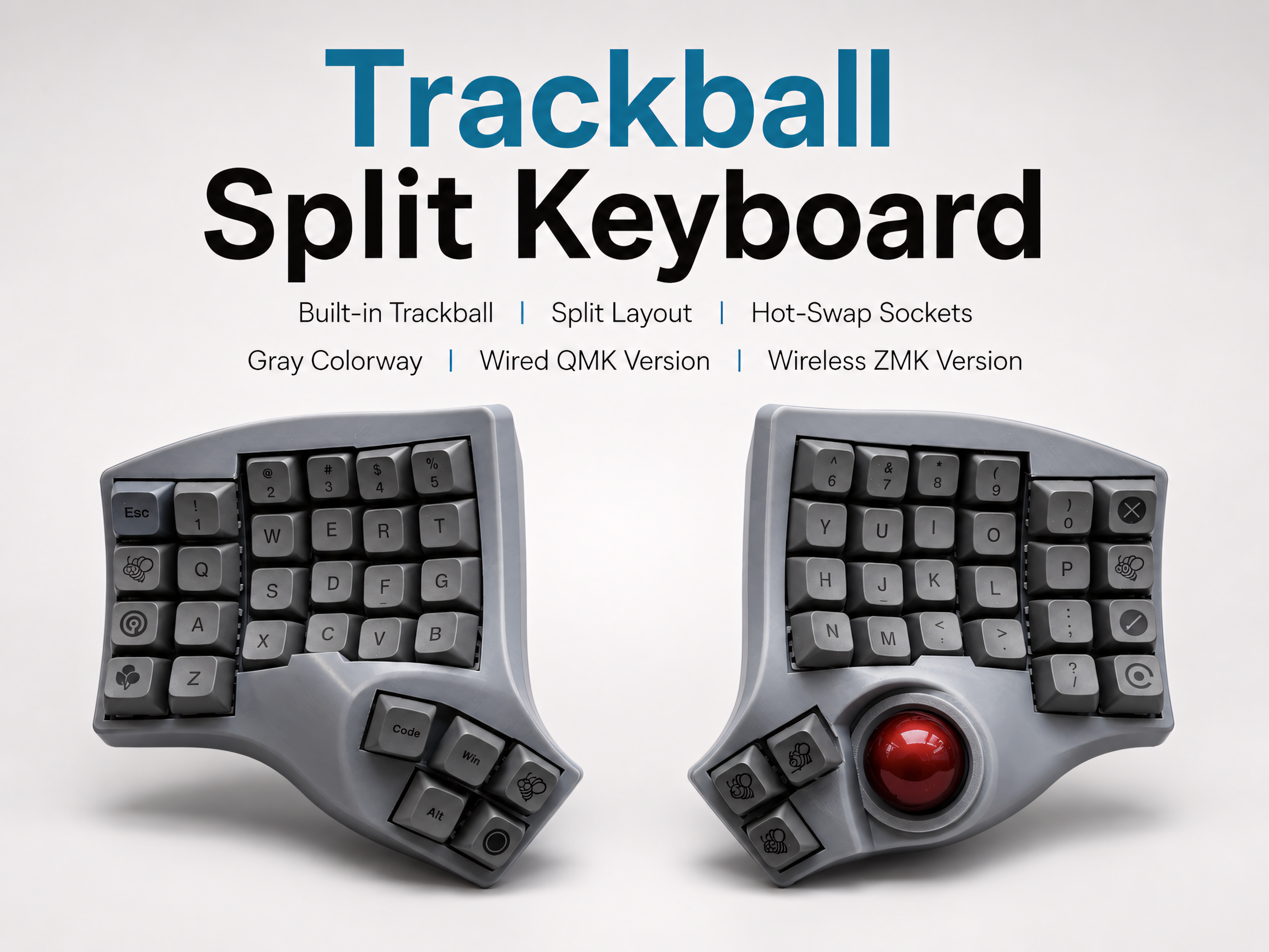 Trackball Split Keyboard — QMK VIA / Wireless ZMK, Hot-Swap MX