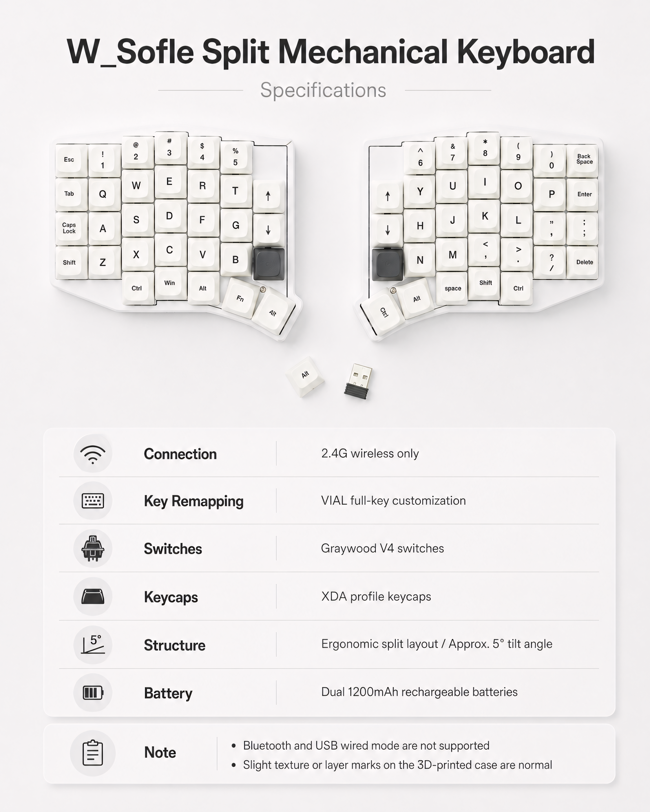Sofle Split Ergonomic Keyboard — 2.4G Wireless, VIAL, Hot-Swap