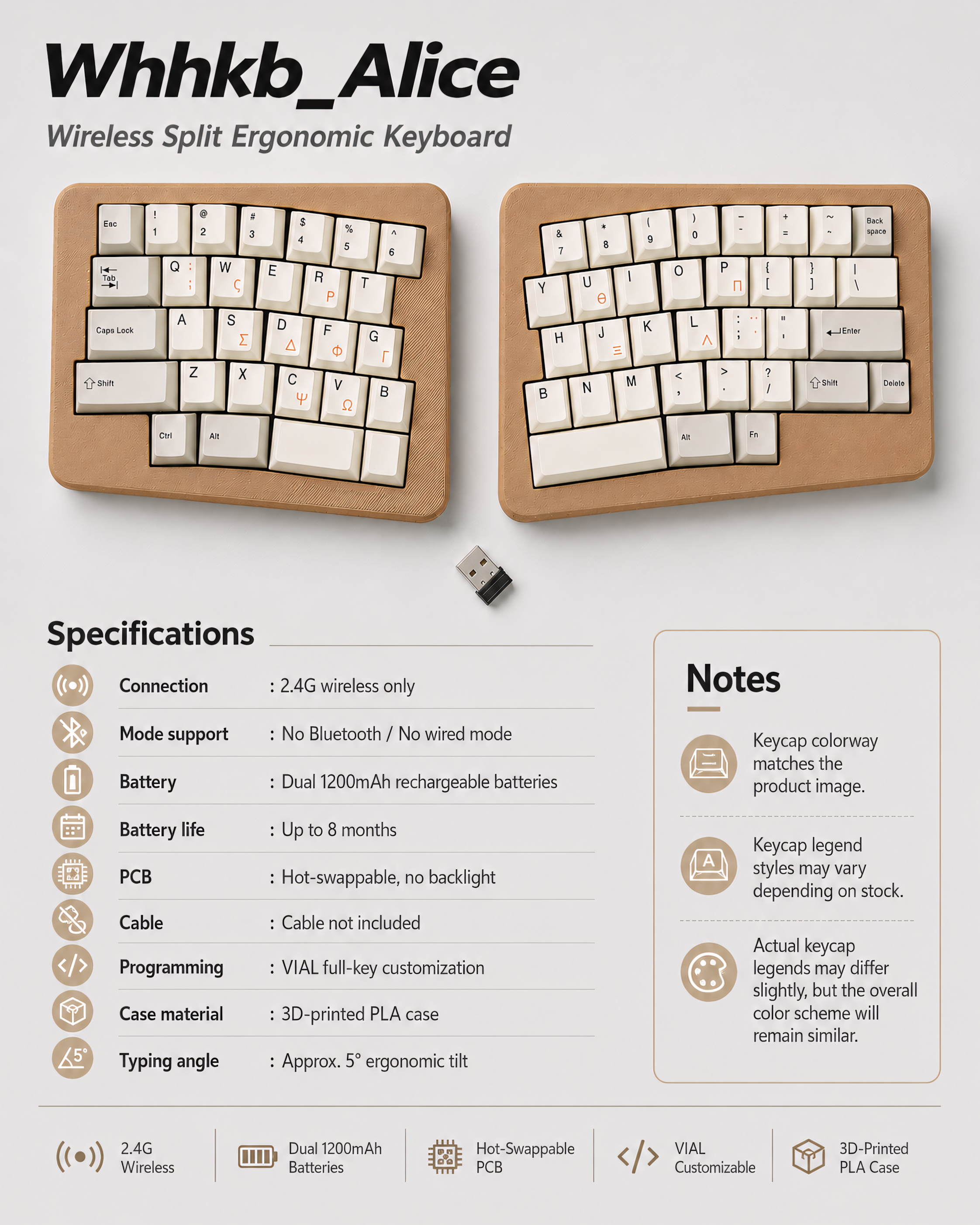 Alice Split Ergonomic Keyboard — 2.4G Wireless, VIAL, Hot-Swap