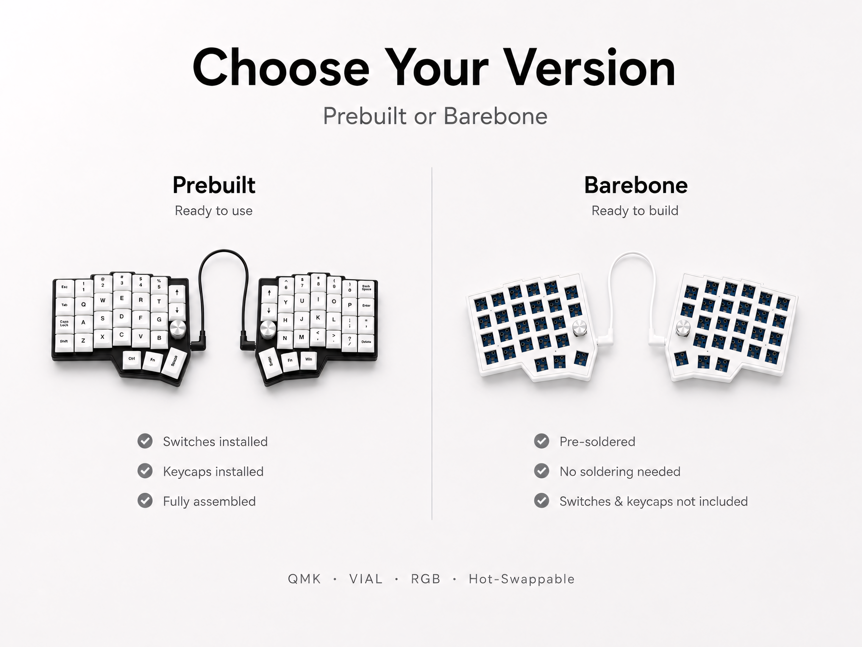 Wired Split Ergonomic Keyboard — QMK VIAL, RGB, Dual Knobs, Hot-Swap
