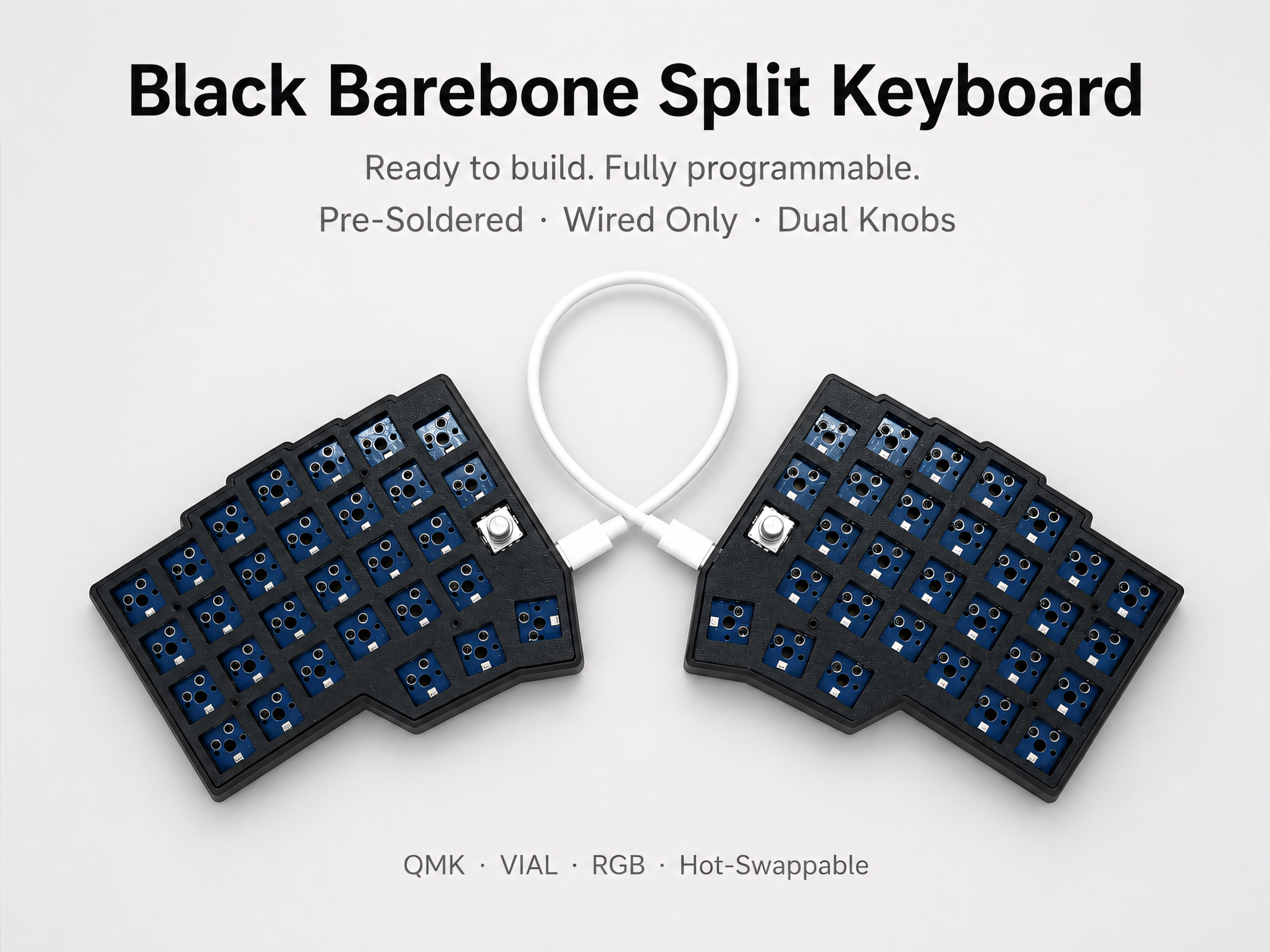 Wired Split Ergonomic Keyboard — QMK VIAL, RGB, Dual Knobs, Hot-Swap