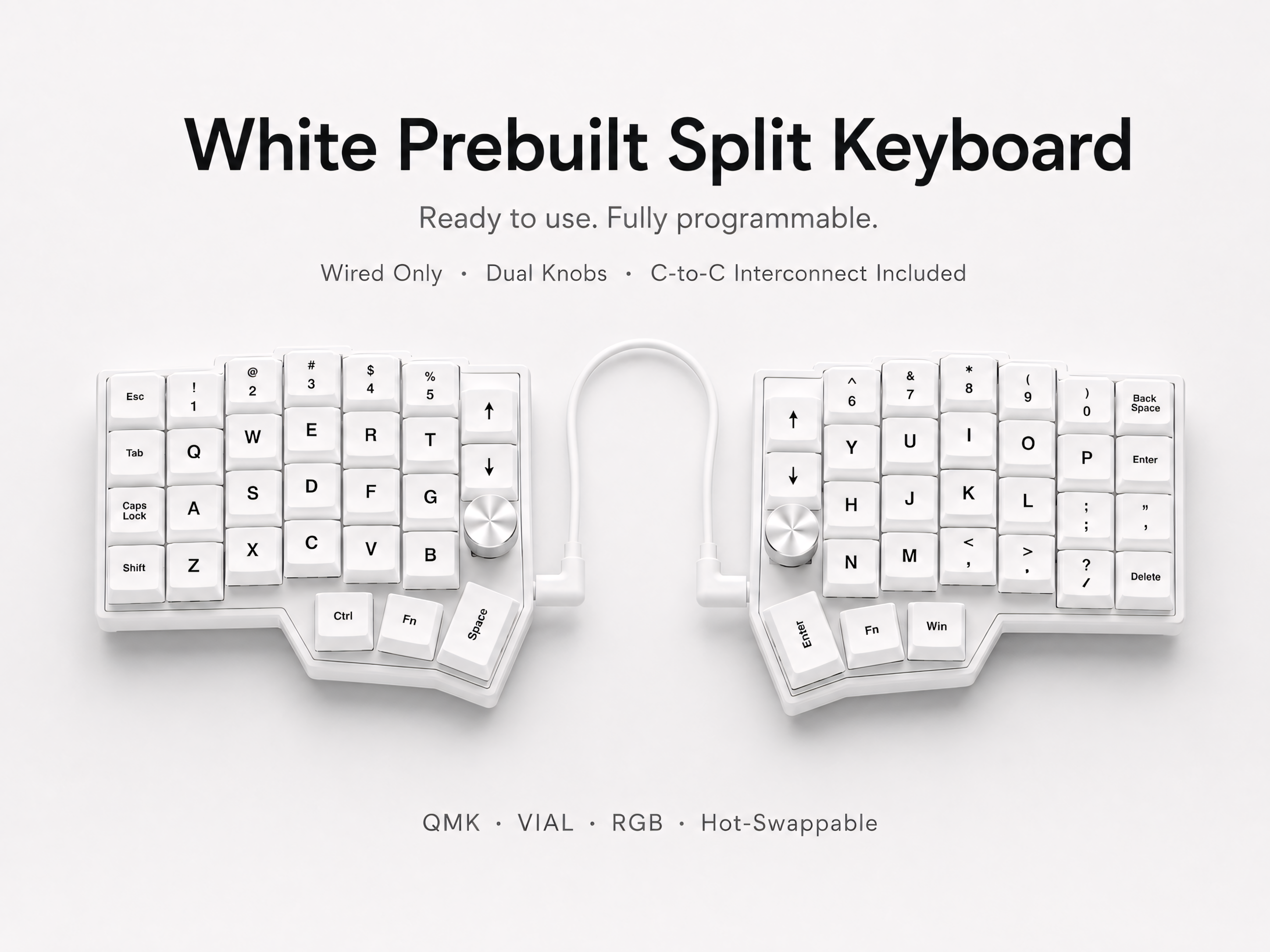 Wired Split Ergonomic Keyboard — QMK VIAL, RGB, Dual Knobs, Hot-Swap